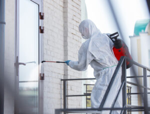 A pest control worker spraying a building's exterior