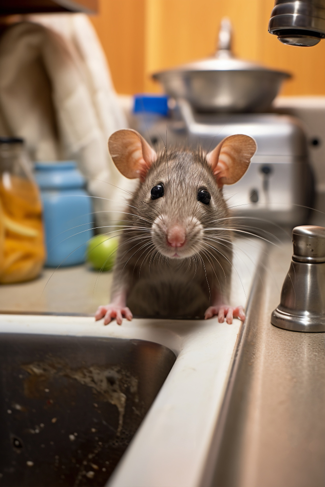 Rat spotted in a kitchen sink, indicating a potential pest infestation.