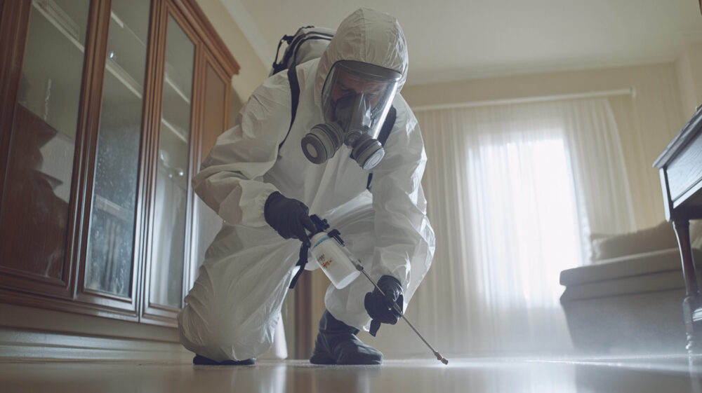 Pest control technician in hazmat gear spraying inside a residential home.